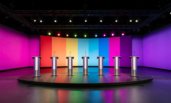 Empty debate stage with seven silver lecterns against a colorful rainbow background