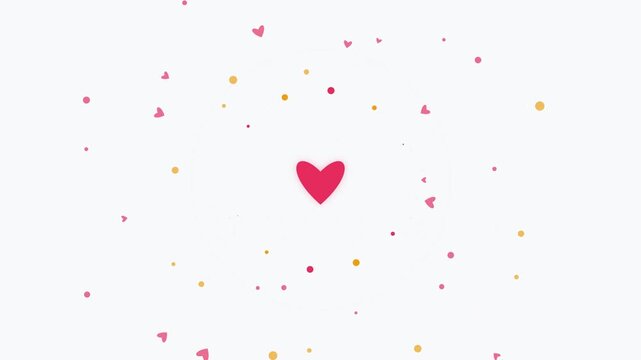 Animated red heart symbol surrounded by floating confetti and geometric particles on a clean white background