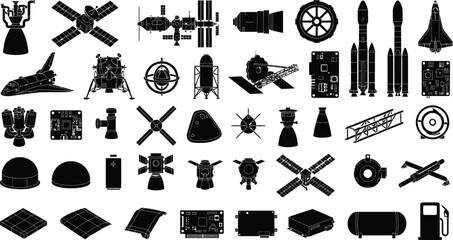 WebCollection of black space exploration silhouettes featuring rockets satellites shuttles and engineering components vector icon set © MdMotaharul