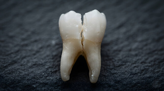 A cracked human molar tooth split vertically down the middle resting on a textured dark gray slate surface