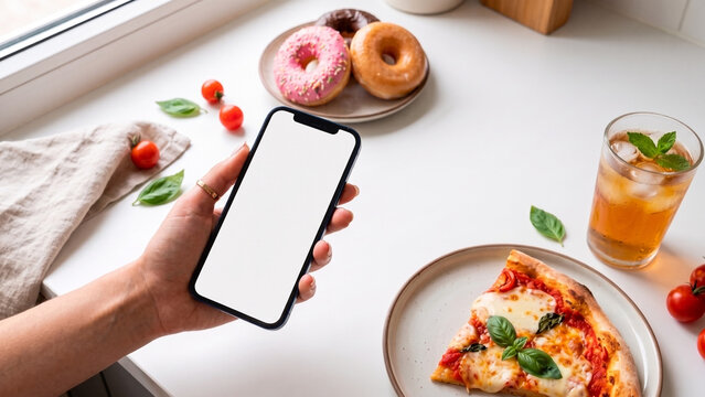 Hand holding blank smartphone beside pizza, iced tea and donuts on a kitchen counter. Food delivery app mockup. Pizza ordering and restaurant branding. Mobile commerce and takeout promotion