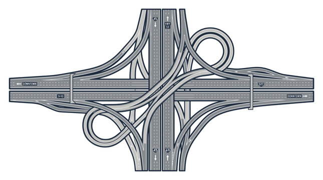 High Angle Flat Vector Illustration of a Complex Multi-level Highway Interchange with Road Markings, Ramps, and Cloverleaf Loops Representing Urban Infrastructure and Transportation Network