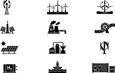 WeBlack and white vector icon set representing renewable energy sources including wind, solar, hydro, and hydrogen power.b © MdMotaharul
