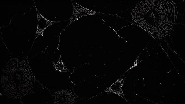 Spooky spider web texture on black background, cinematic cobweb overlay for horror films, intricate white silk spiderwebs for Halloween visuals