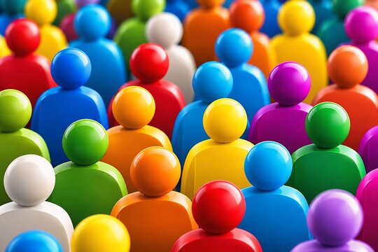 Large group of colorful wooden figurine figures standing together in a diverse crowd representation with population community figurines
