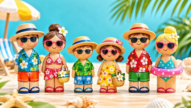 Colorful Miniature Summer Characters in Tropical Beach Outfits