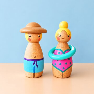Cute Wooden Beach Couple Figurines with Colorful Swimwear | Summer Vacation Concept