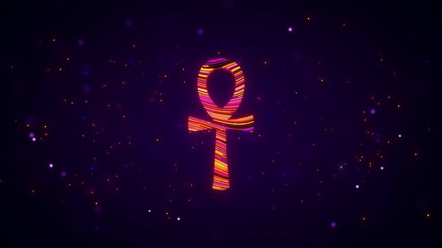 Animated 3D Ankh symbol rotates with vivid orange, yellow, and magenta stripes and glowing particles against a purple cosmic background, evoking ancient Egyptian beliefs about life and eternity.