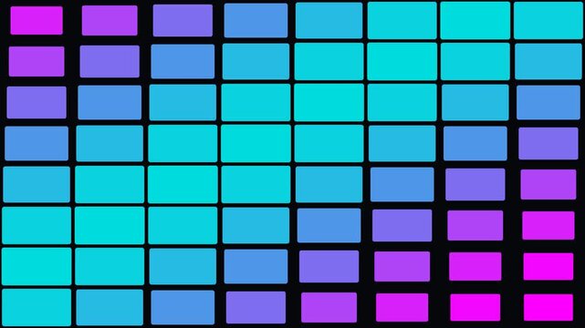 Animated grid of neon blue and purple rectangular blocks shifting colors on a black background.