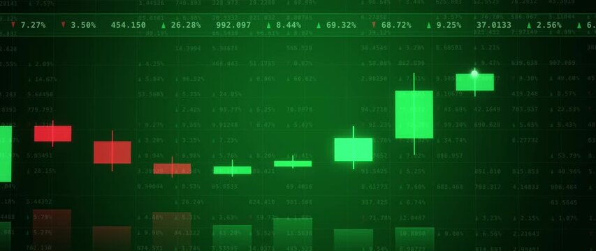 Green financial candlestick chart displays rising price bars over changing market data