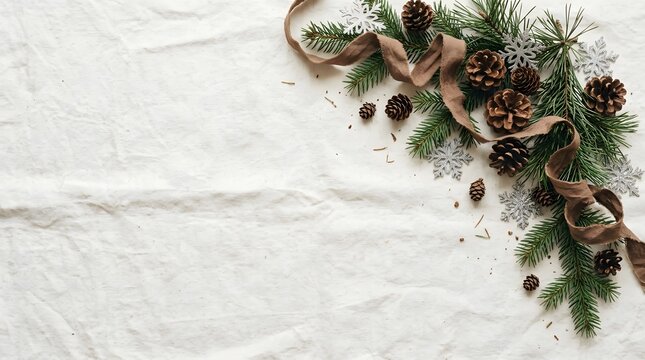 Rustic Christmas Flat Lay With Pine Branches Pinecones And Silver Glitter Snowflakes
