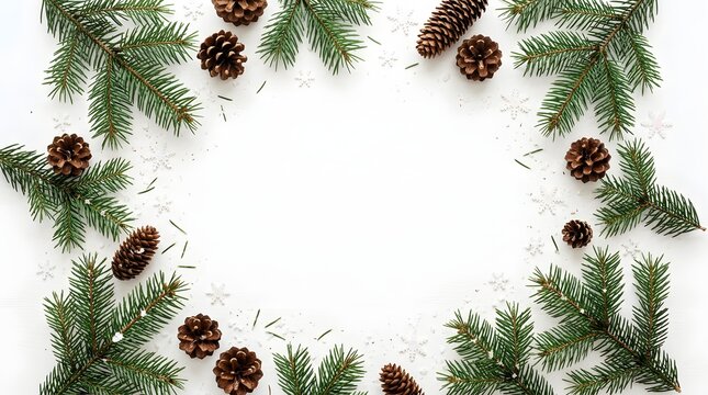 Festive Christmas Border Frame With Pine Branches And Cones On White Background