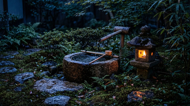 ブルーアワーの和の庭　ろうそくの灯る石灯籠と水を湛えた手水鉢