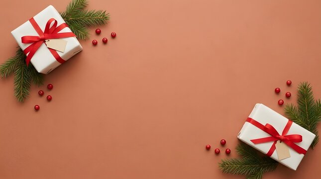 Two elegant white Christmas gift boxes decorated with red ribbons and greenery