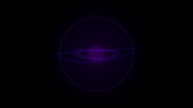 Abstract purple glowing sphere with digital rings rotating in dark space