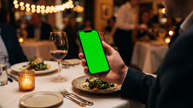 Hand Holding Smartphone with Green Screen at Elegant Restaurant Dinner