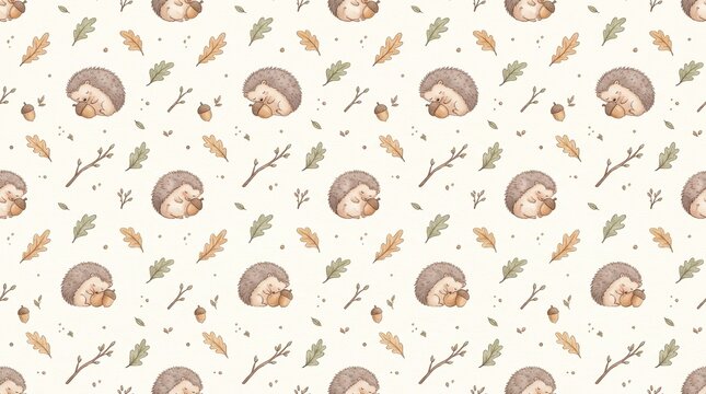 Seamless woodland animal pattern featuring tiny hedgehogs, miniature acorns, delicate oak leaves, and woodland twigs in muted sage green, warm ivory, caramel, and dusty brown. Vintage watercolor illus