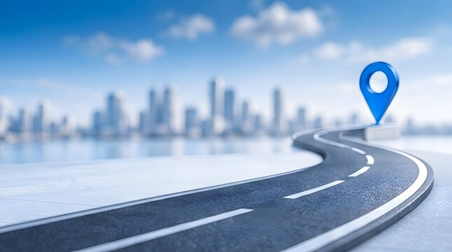 Winding asphalt road leading to a modern city skyline with a large blue GPS location pin icon, representing navigation, travel destination, business success, and mapping technology concept.