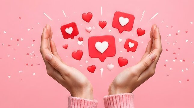 Woman Hands Cupping 3D Heart Icons and Social Media Like Notifications on Pink Background, Concept of Digital Love, Online Engagement, Heart Emoticon, and Social Media Marketing Appreciation.