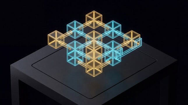 Clean futuristic blockchain isometric blocks digital twin hologram on table