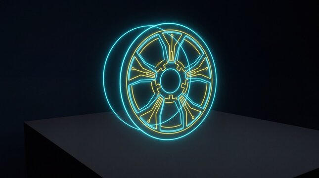 Clean futuristic future mobility electric wheel digital twin hologram on table
