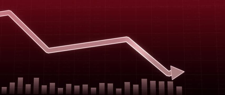Financial chart traces a sharp decline and slight rebound across a red grid with bars