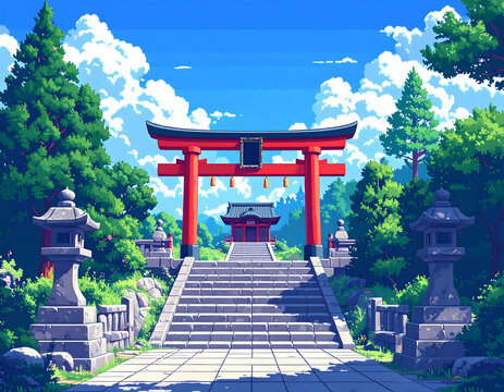 Retro 16-bit style Japanese shrine approach with vermilion torii gate, stone lanterns and green forest