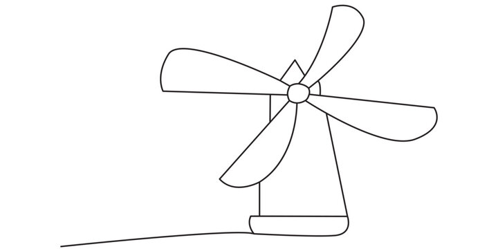 Simple line drawing of a windmill building with large blades for farm and nature energy concepts