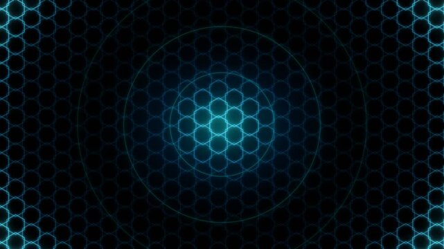 Abstract digital animation of blue glowing hexagonal mesh patterns pulsing and expanding on a dark background