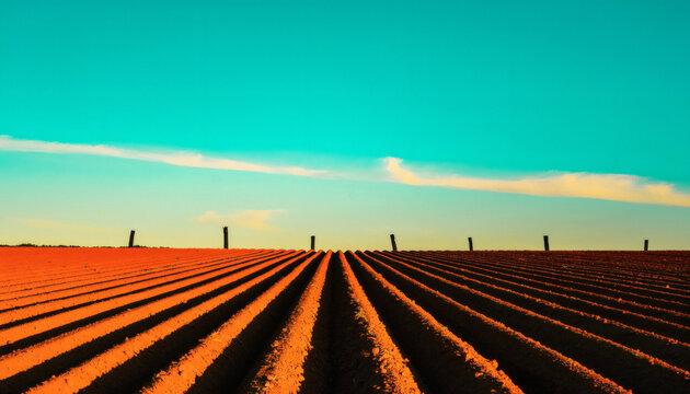 Freshly tilled orange farmland furrows under a teal sky at sunset, wide landscape with copy space