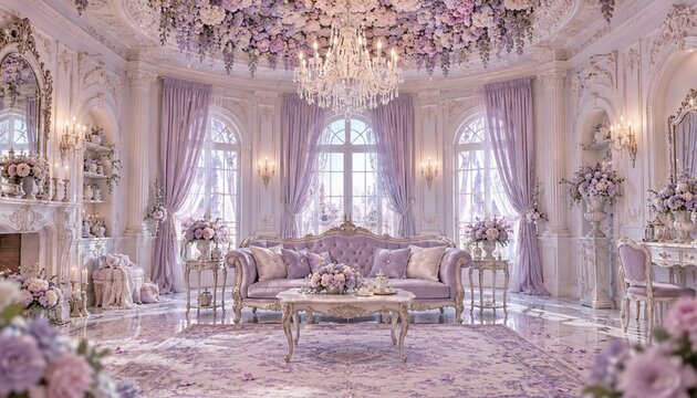 Luxurious lavender living room with floral ceiling and chandelier