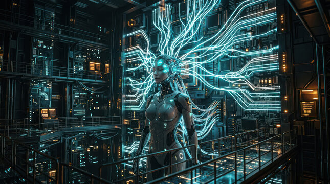Futuristic female android connected to glowing cybernetic data server networks inside a high tech facility