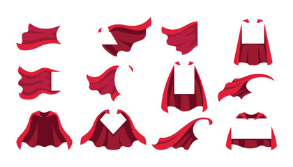 Red superhero cape vector illustration collection featuring fabric capes blowing flying waving and hanging for character design elements © Fajila
