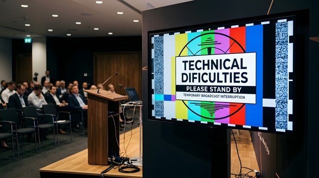 Conference Room with Technical Difficulties Screen in Presentation Setting