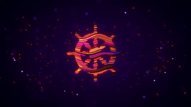 Animated 3D Dharmachakra wheel rotates with vivid orange, yellow, and magenta neon stripes and glowing particles against a purple cosmic background, representing Buddhist wisdom and enlightenment.