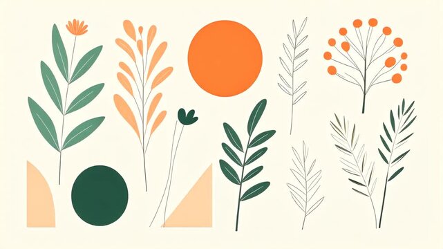 Abstract Floral Elements  Geometric Shapes, Mid-Century Modern Botanical Art