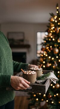Person in a green sweater holding a wooden tray with hot chocolate mugs, marshmallows, and cinnamon sticks near a glowing Christmas tree
