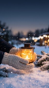 Person in knitted mittens holding a glowing warm lantern in the snow on Christmas Eve with festive lights in the background