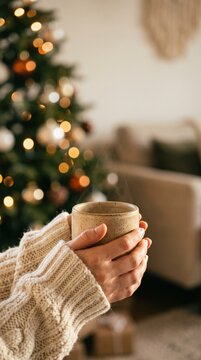 Person in a cozy cream knit sweater holding a steaming warm mug in front of a glowing Christmas tree