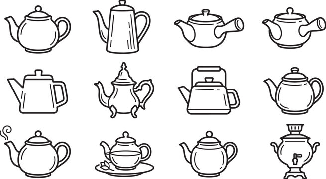 Collection of various teapot in a simple black and white line style on a plain white background, for kitchen