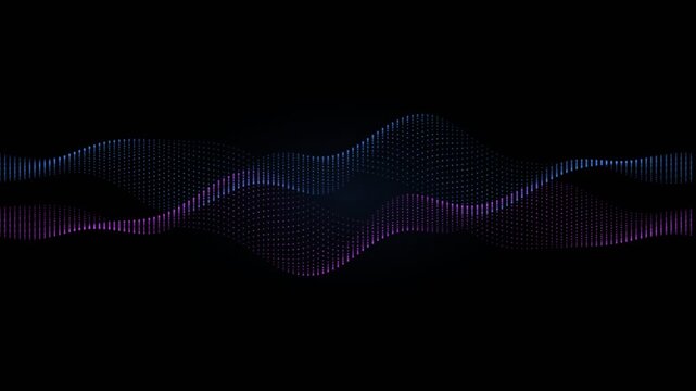 Abstract blue and purple particle wave flowing horizontally against a black background