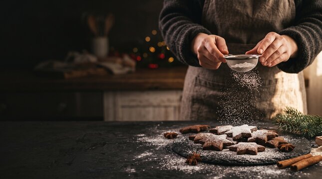 Baker sifting powdered sugar over star-shaped Christmas cookies on a dark kitchen counter with festive atmosphere