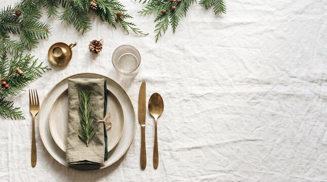 Elegant Christmas table setting flat lay with ceramic plates, napkin with rosemary sprig, brass cutlery, and pine branches on a white linen tablecloth