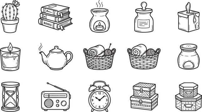 Collection of hand drawn line featuring home decor like books, cactus, alarm clock, radio, candles, and storage baskets