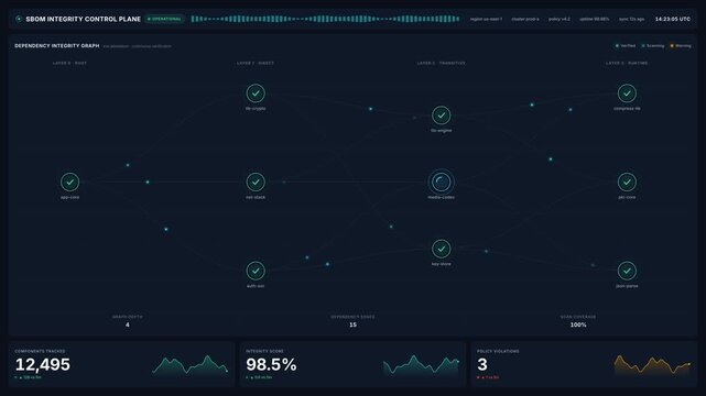 Cybersecurity team monitoring software supply chain integrity dashboard with dependency graph, for digital security, risk assessment, 4k compliance verification