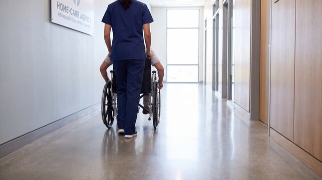 Healthcare worker assisting a wheelchair patient in a rehabilitation facility corridor during recovery and supportive care