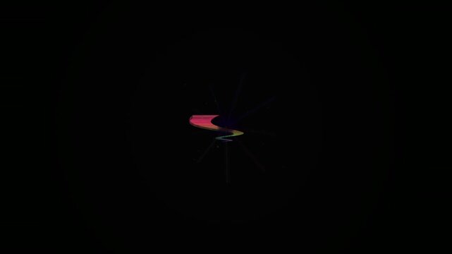 Abstract colorful digital spiral rotating in the center of a solid black background.