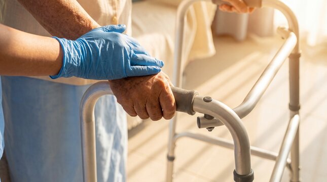 Caregiver assisting an elderly patient with a walker during mobility rehabilitation and supportive healthcare at home
