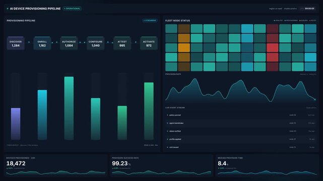 Futuristic ai device provisioning pipeline dashboard for fleet node status, streaming metrics, success rate charts in 4k, for cloud automation data monitoring