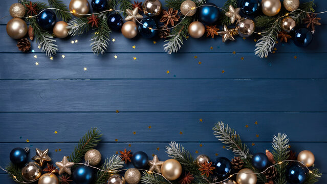 Christmas background with blue and gold ornaments, pine branches, and star confetti on a dark blue wooden surface, top and bottom border frame